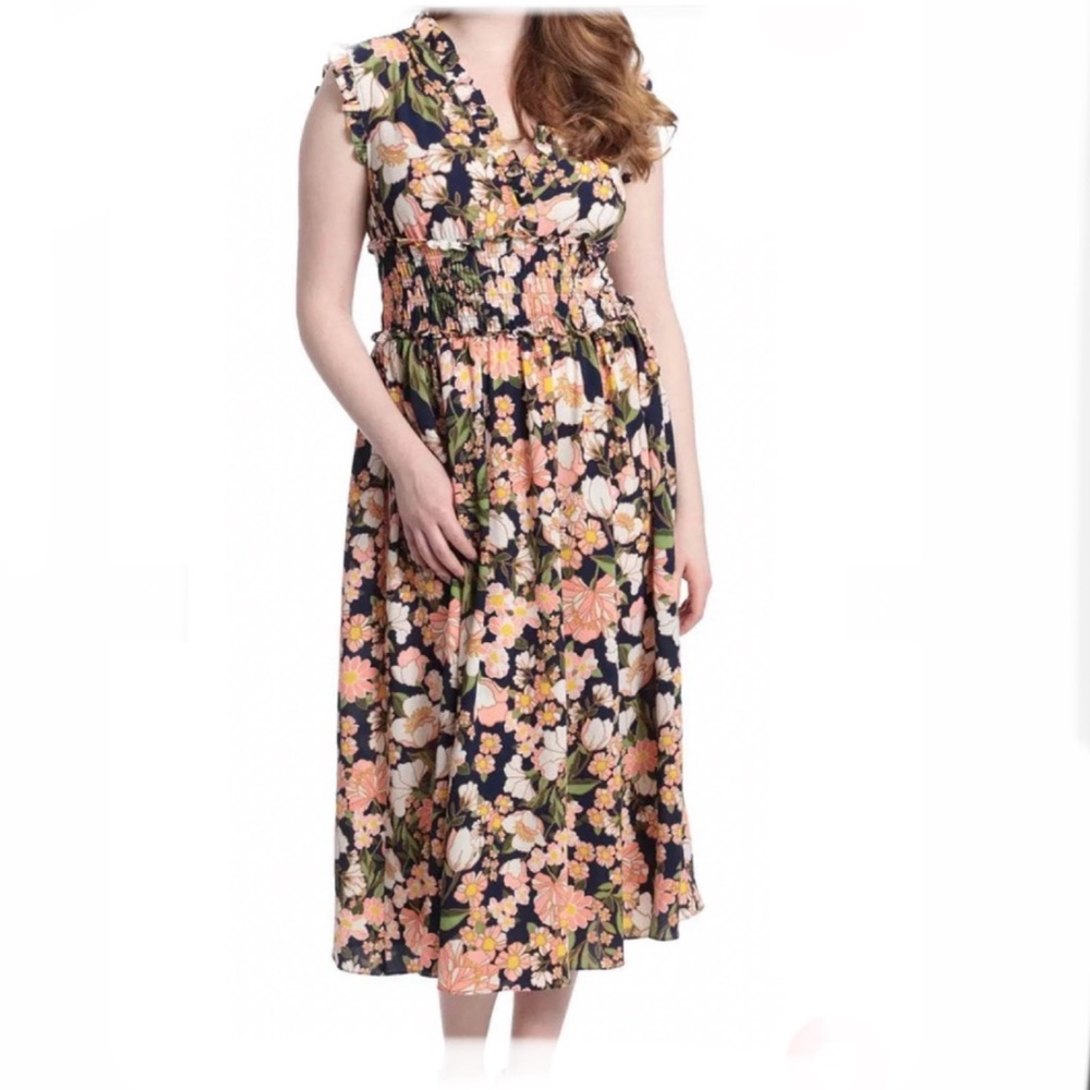 London Times Floral Ruffle Midi Dress